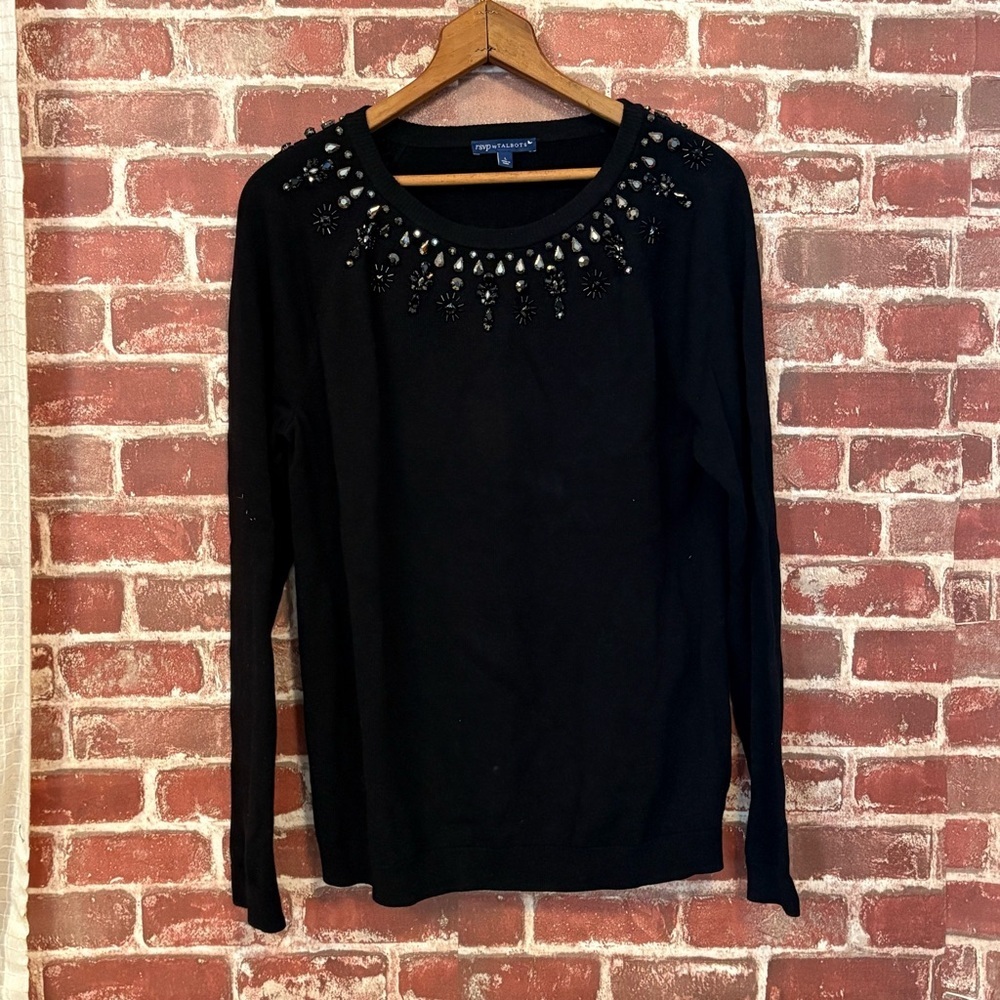 RSVP  by Talbots Black Long Sleeve Top with Embellished Neckline